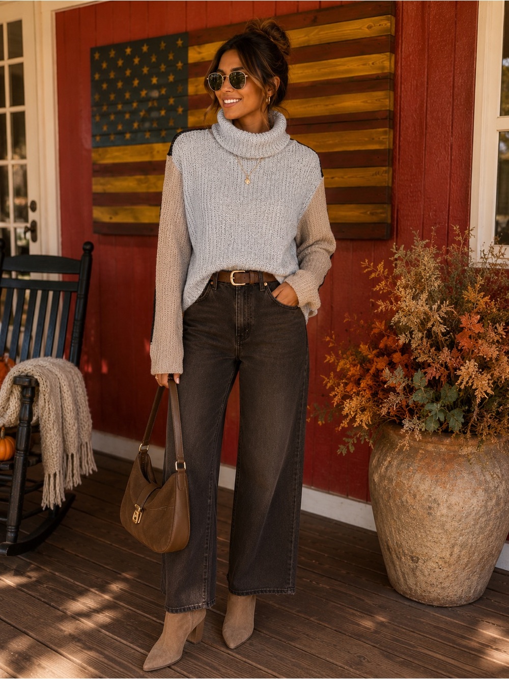 Fashion Nova Colorblock Turtleneck Sweater in Gray & Beige